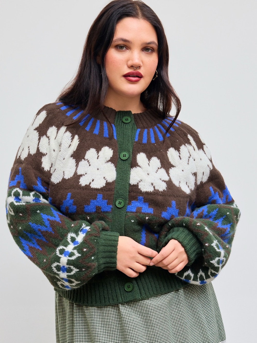 Cider Knit Round Neckline Floral Colorblock Cardigan Curve & Plus